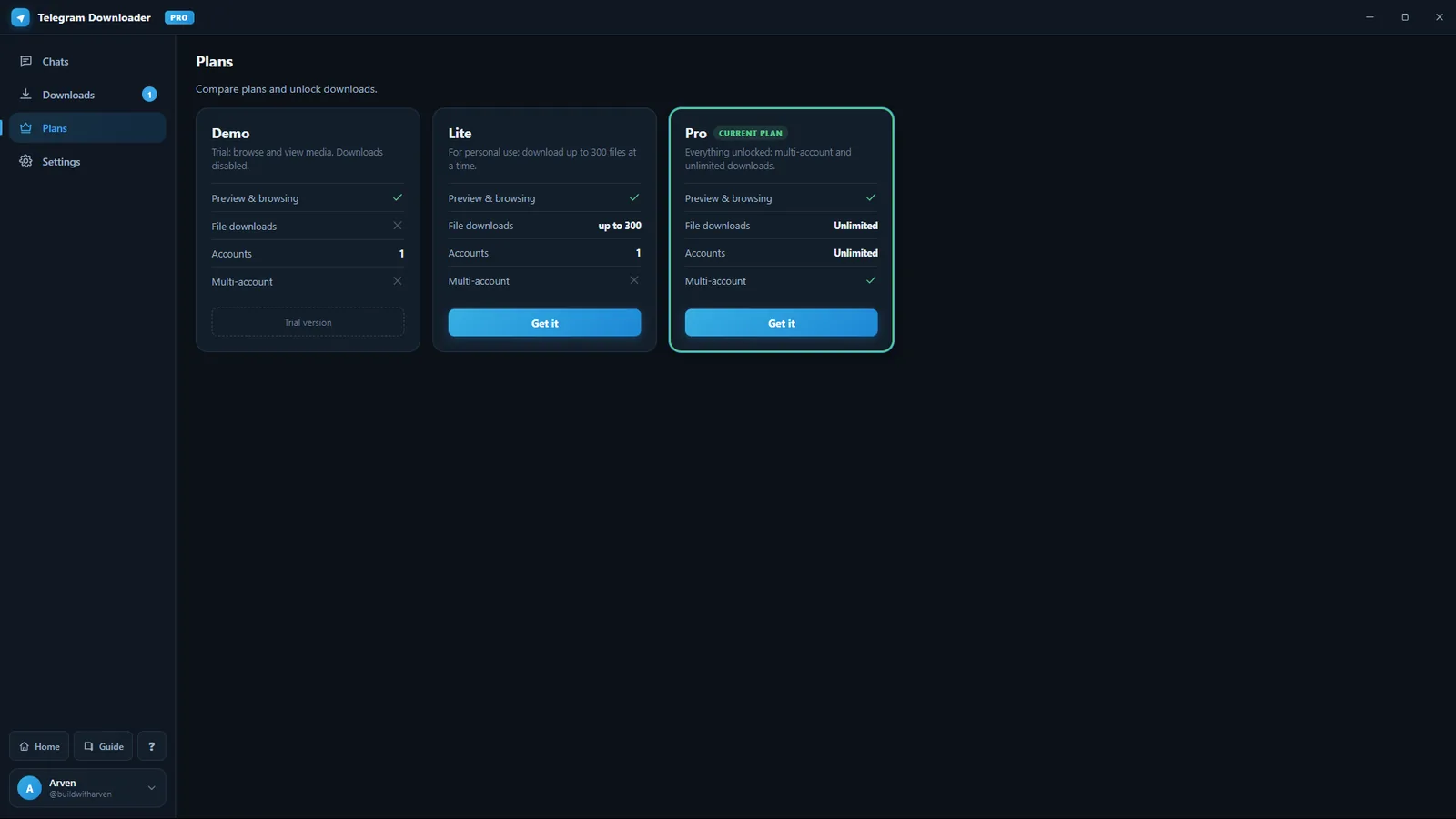 The three plans, compared inside the app.